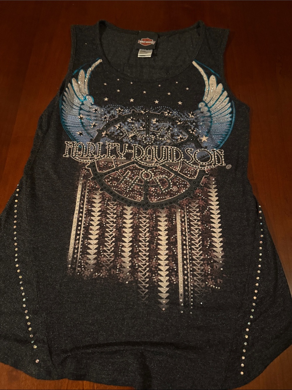 Harley-Davidson Charcoal Tank Top with Blue Wing Graphic